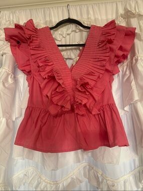 entro Pink Ruffle V-Neck Blouse